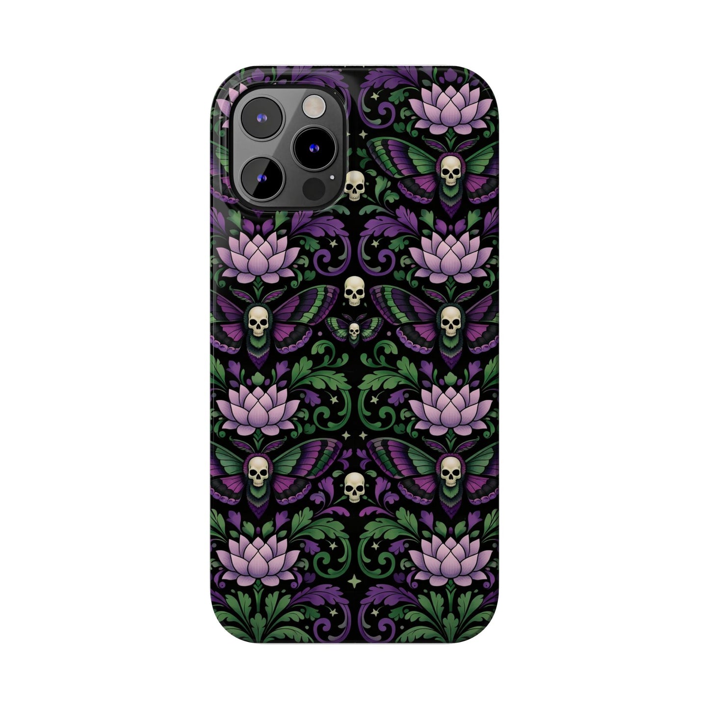 Gothic Lotus & Skull Slim Phone Case — Dark Floral Pattern for iPhone