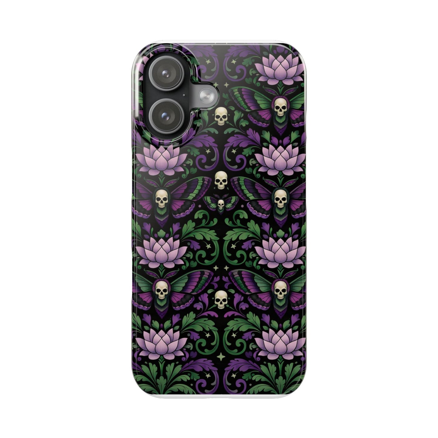 Gothic Lotus & Skull Slim Phone Case — Dark Floral Pattern for iPhone