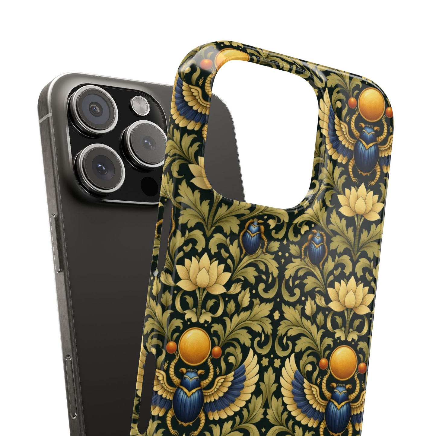Slim Phone Case — Vintage Egyptian Scarab & Lotus Pattern (Gold on Olive)
