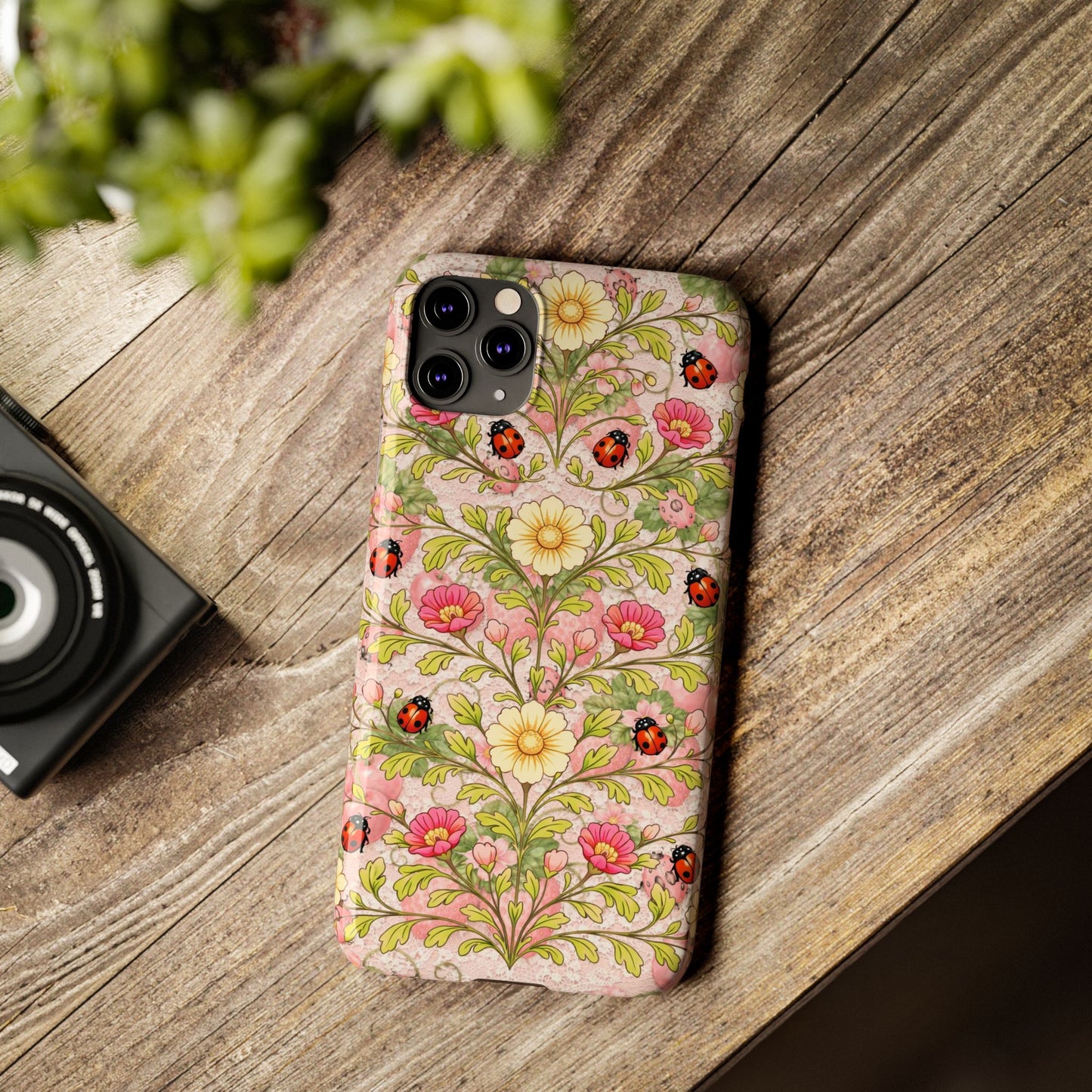 Floral Ladybug Slim Phone Case — Vintage Botanical Pink Garden Design