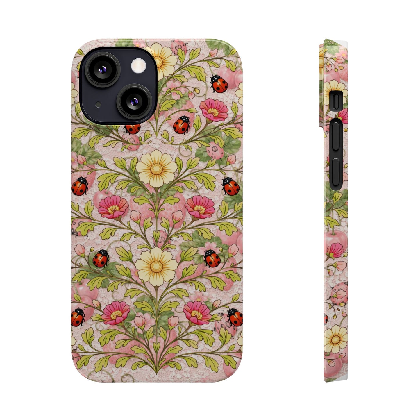 Floral Ladybug Slim Phone Case — Vintage Botanical Pink Garden Design