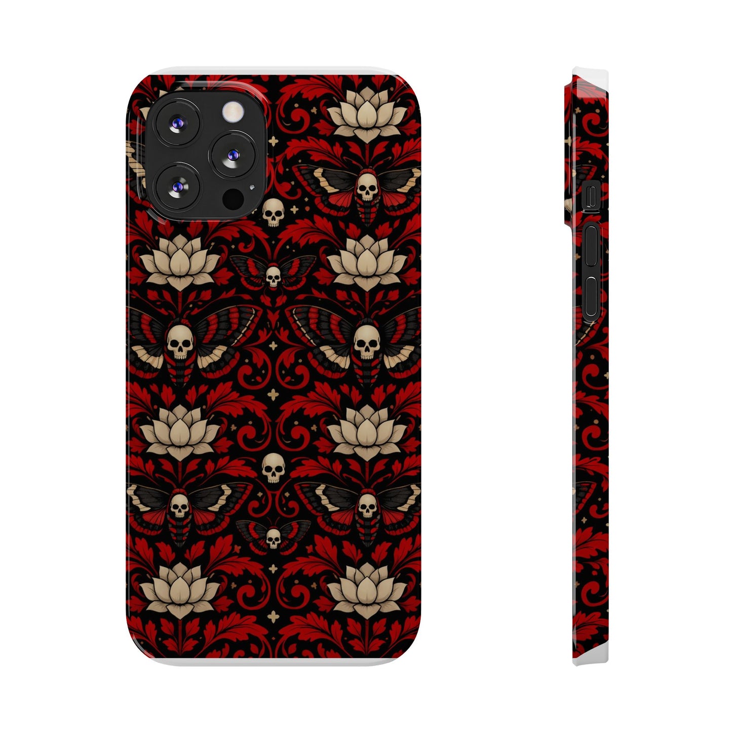 Gothic Skull & Lotus Slim Phone Case — Red Damask Moth Pattern