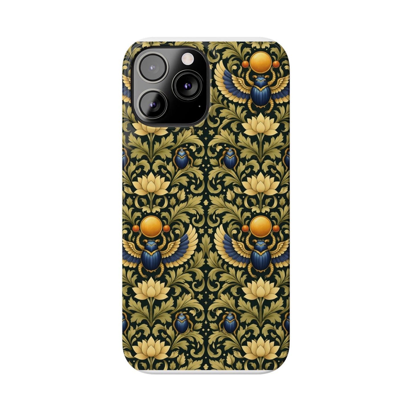 Slim Phone Case — Vintage Egyptian Scarab & Lotus Pattern (Gold on Olive)