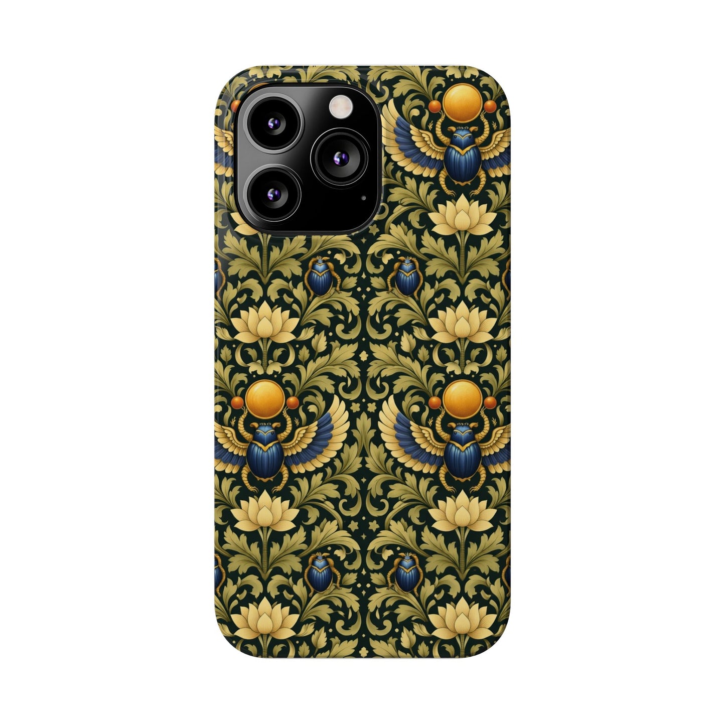 Slim Phone Case — Vintage Egyptian Scarab & Lotus Pattern (Gold on Olive)