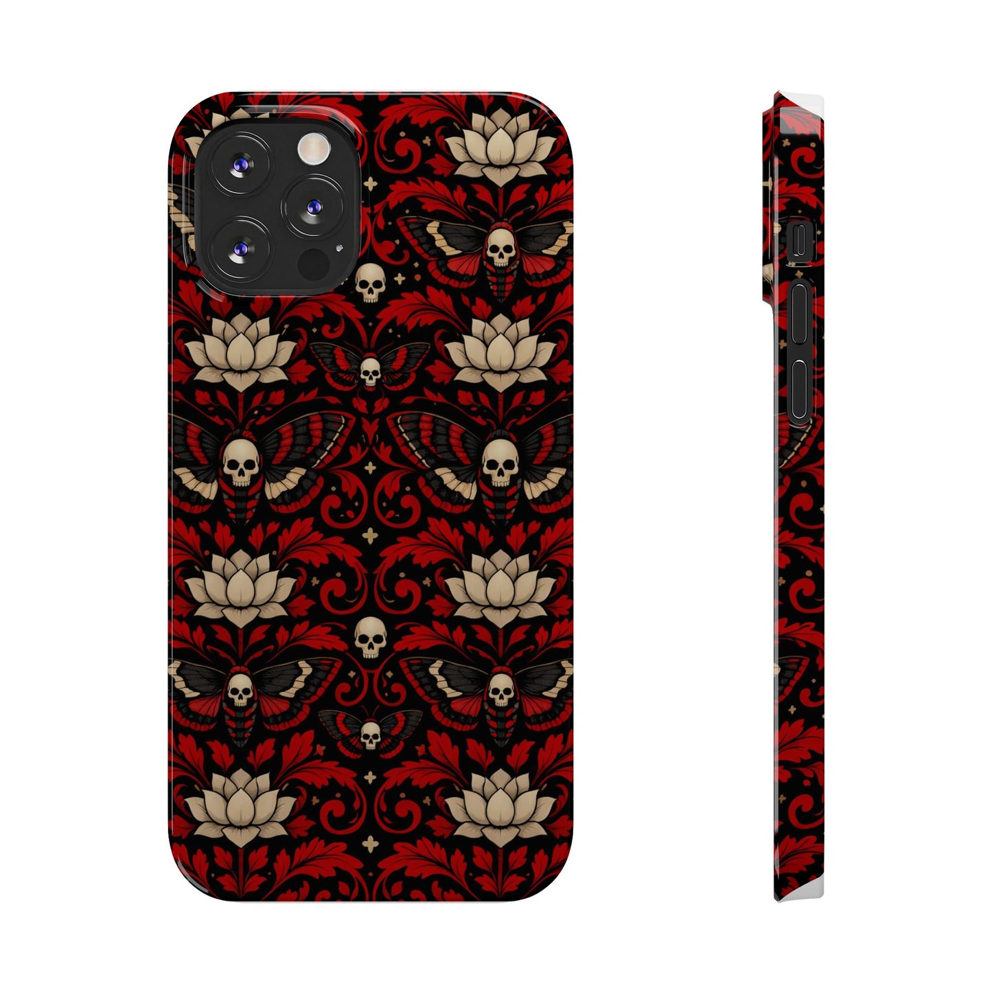 Gothic Skull & Lotus Slim Phone Case — Red Damask Moth Pattern