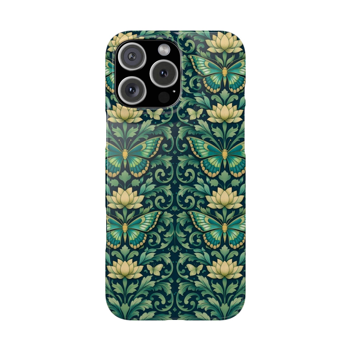 Slim Phone Case — Vintage Green Butterfly & Lotus Pattern