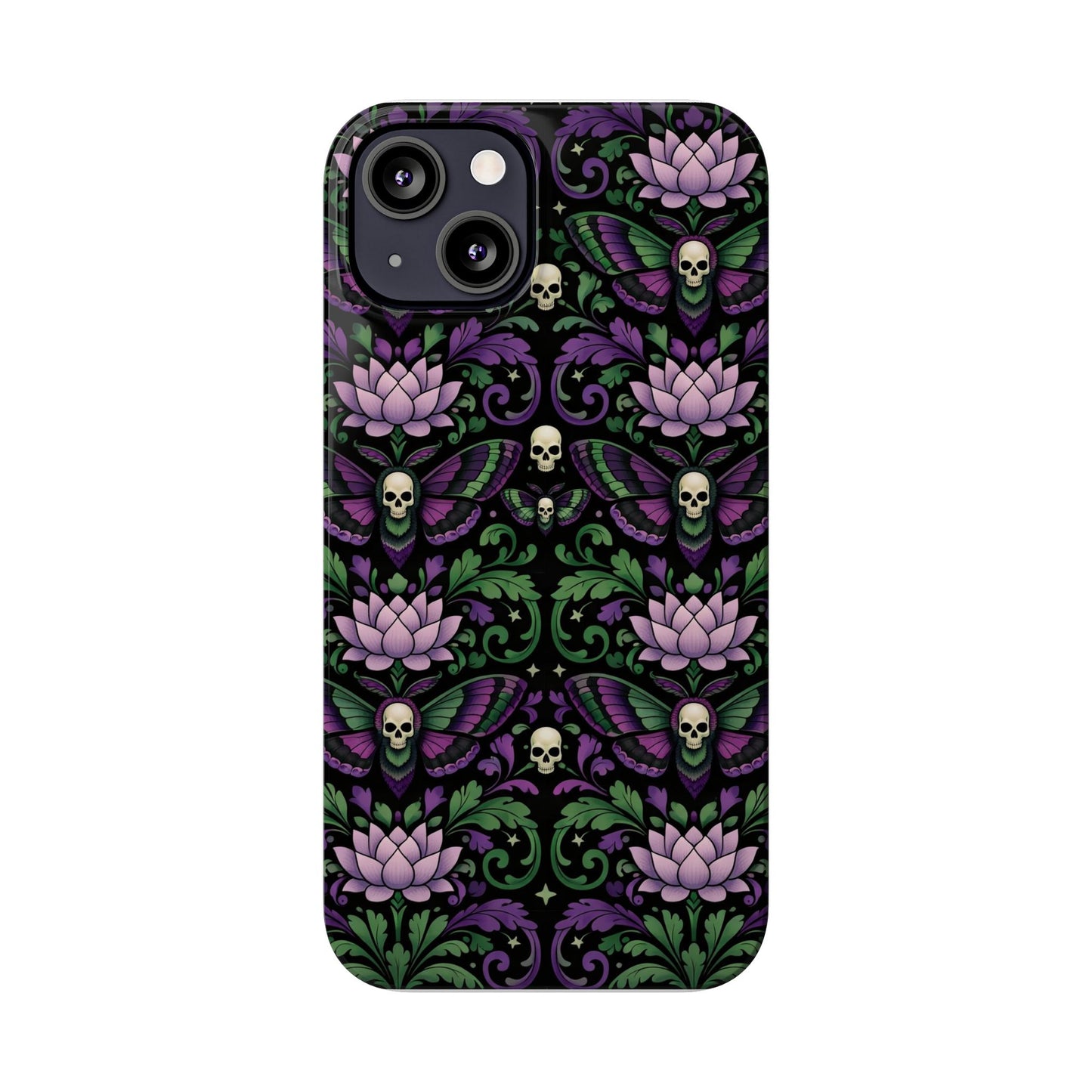 Gothic Lotus & Skull Slim Phone Case — Dark Floral Pattern for iPhone