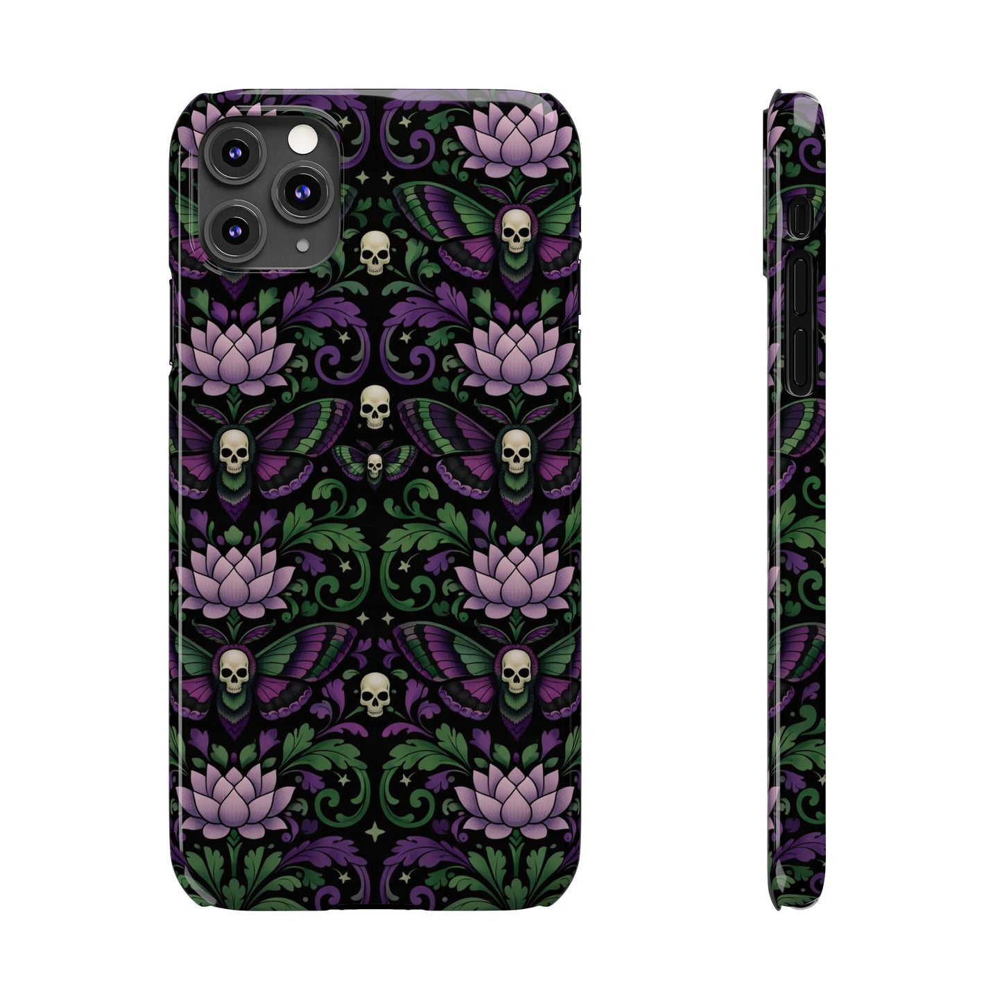 Gothic Lotus & Skull Slim Phone Case — Dark Floral Pattern for iPhone