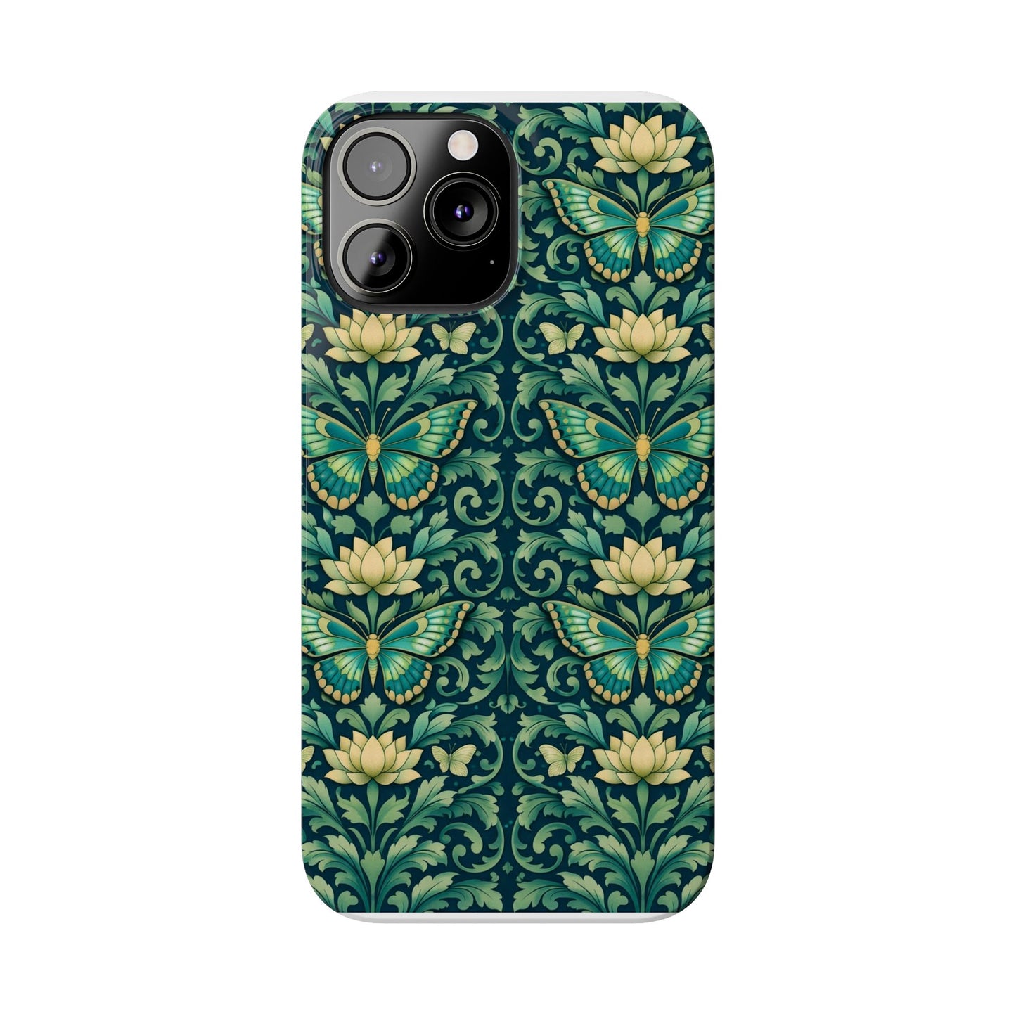 Slim Phone Case — Vintage Green Butterfly & Lotus Pattern