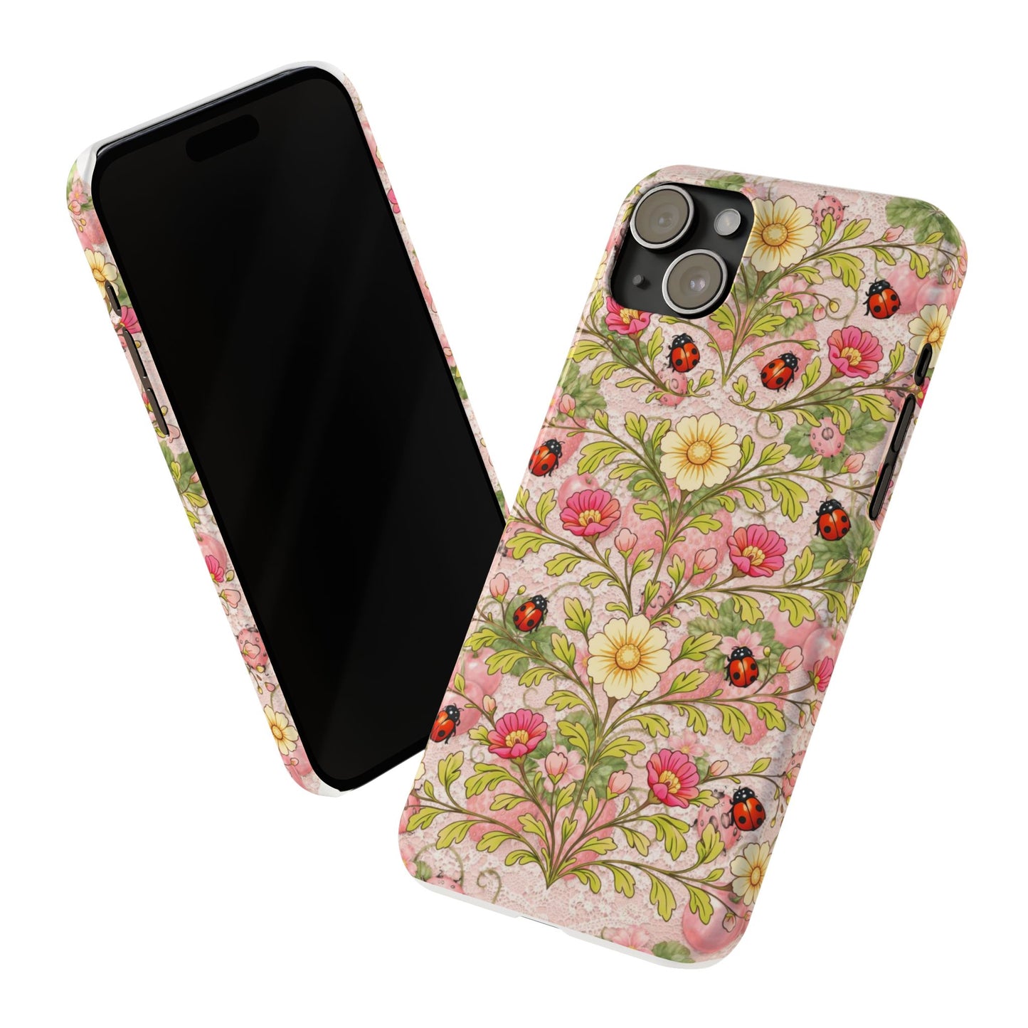 Floral Ladybug Slim Phone Case — Vintage Botanical Pink Garden Design