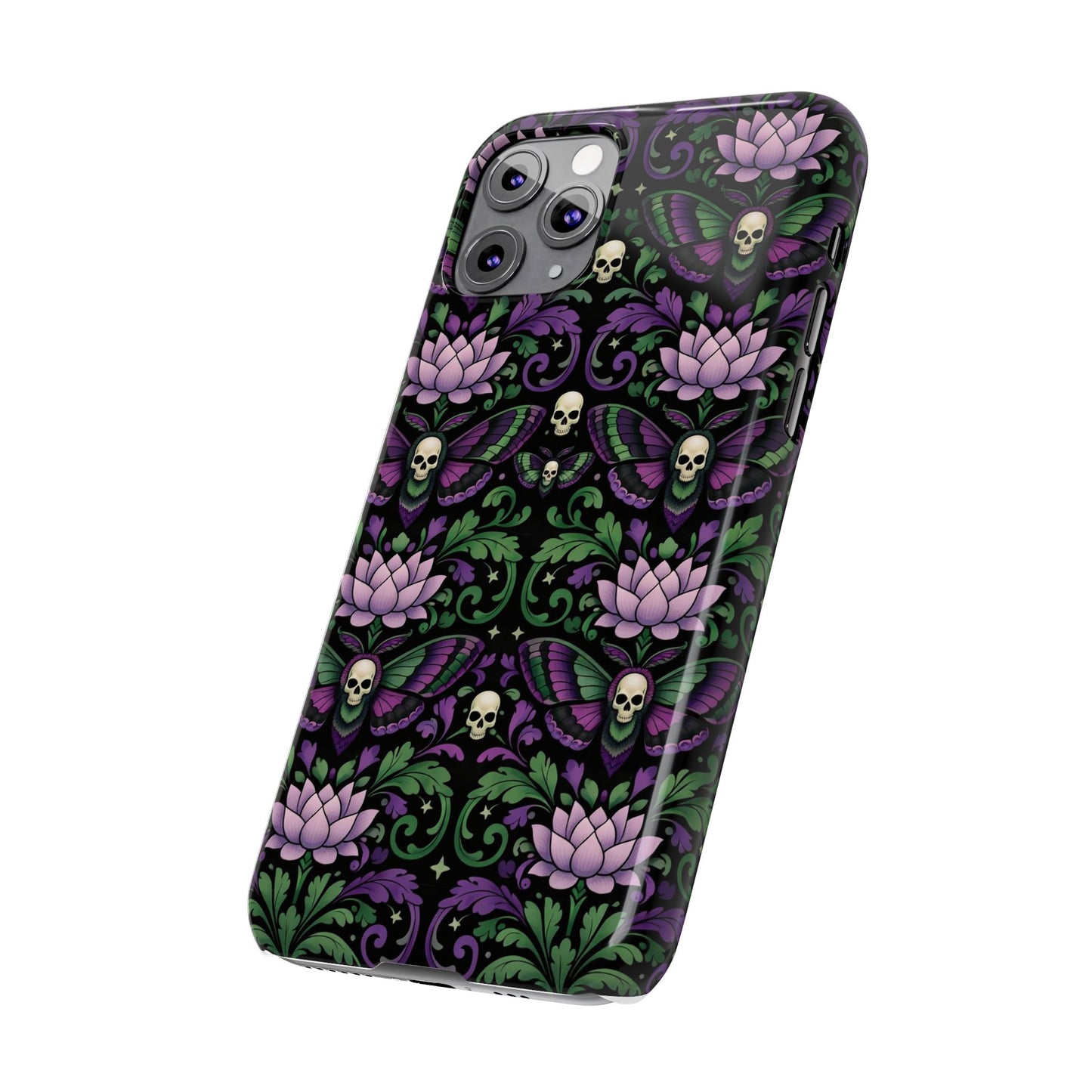 Gothic Lotus & Skull Slim Phone Case — Dark Floral Pattern for iPhone