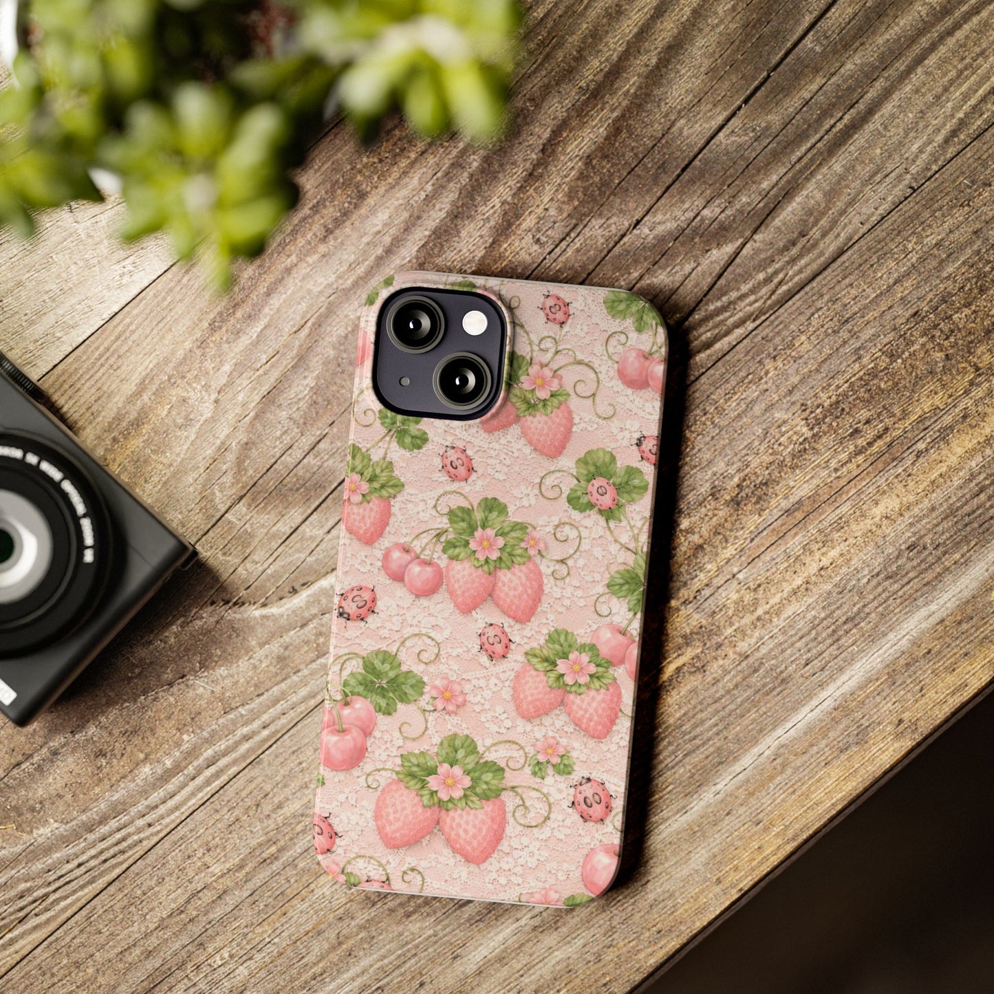 Strawberry Pattern Slim Phone Case — Vintage Pink Floral Fruit Design