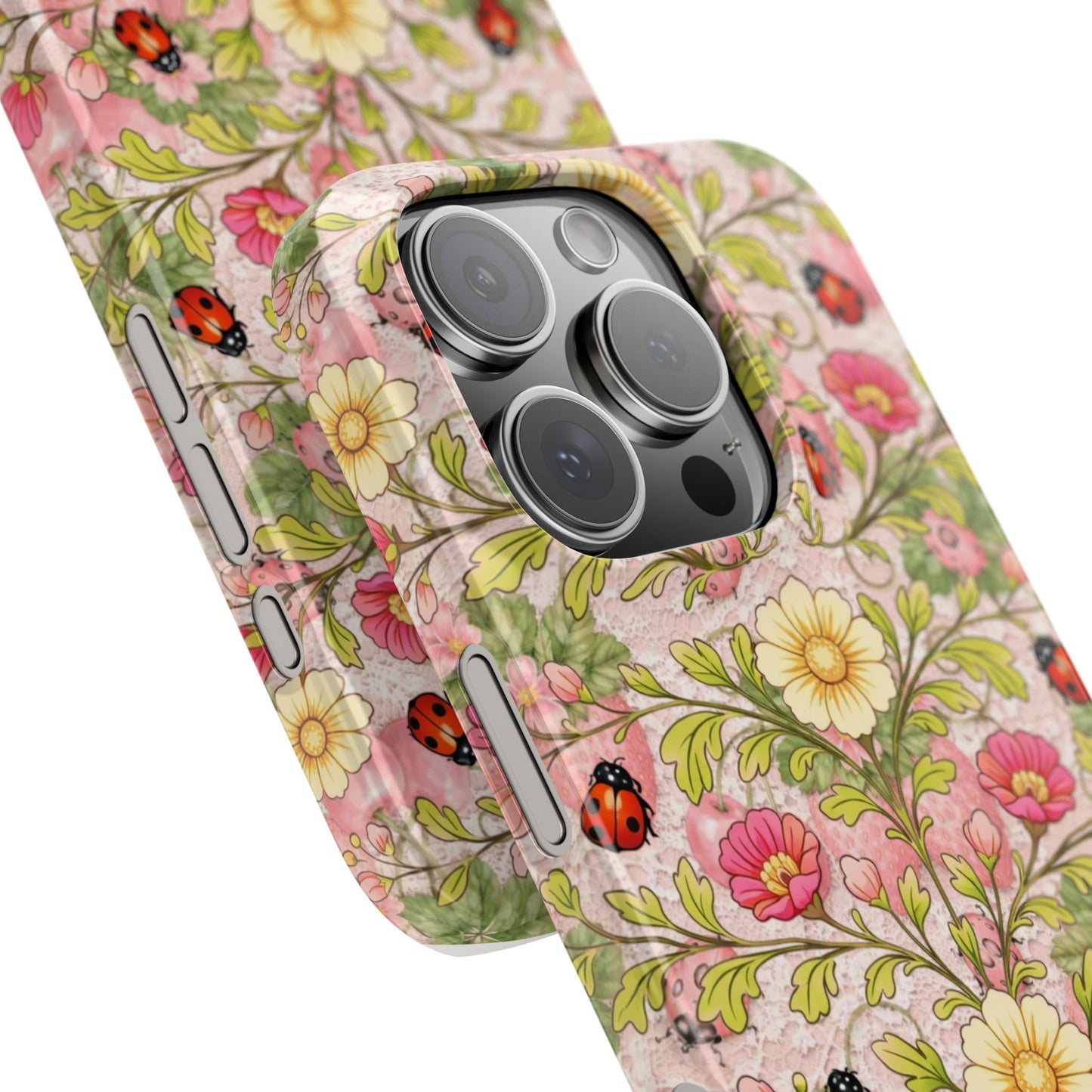 Floral Ladybug Slim Phone Case — Vintage Botanical Pink Garden Design
