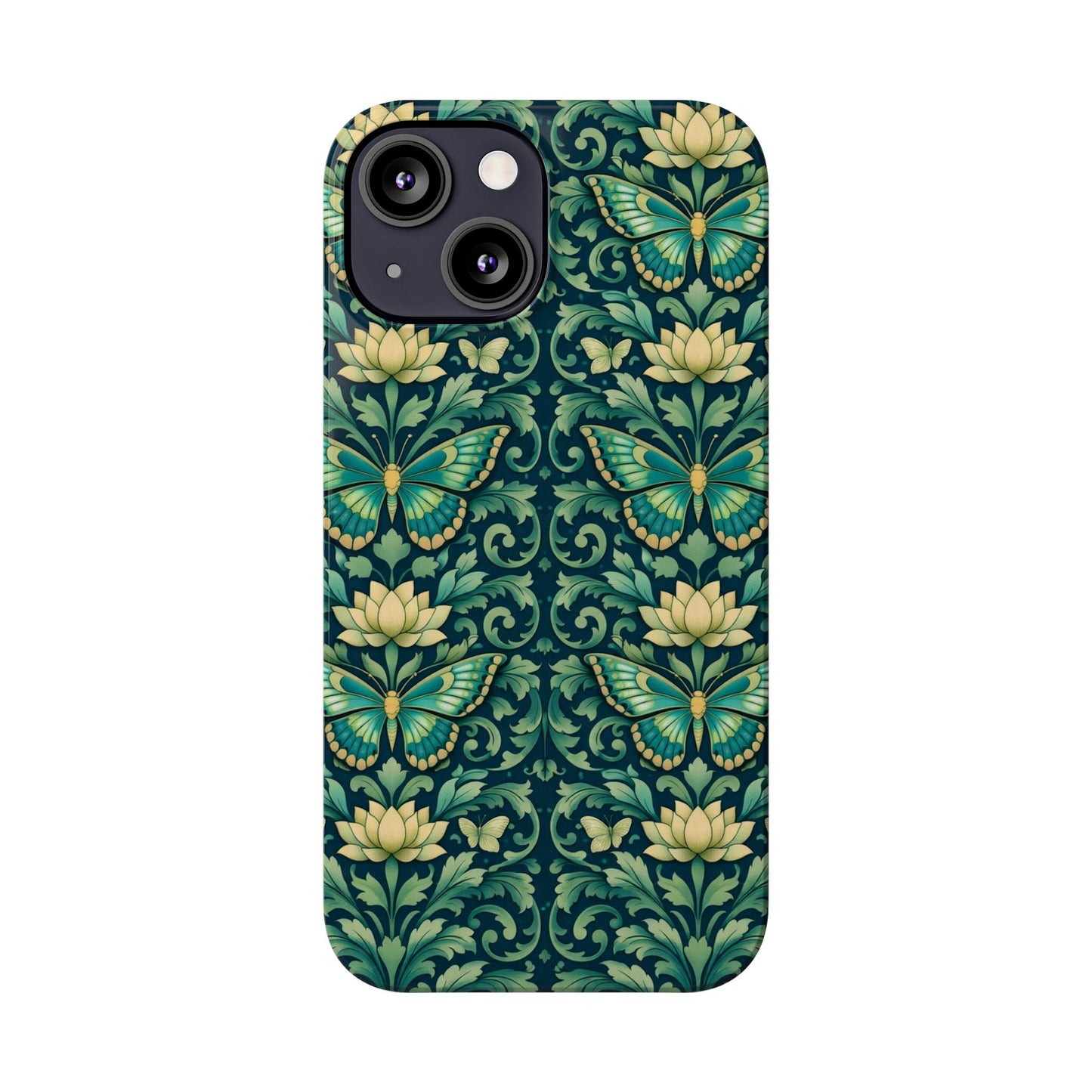 Slim Phone Case — Vintage Green Butterfly & Lotus Pattern
