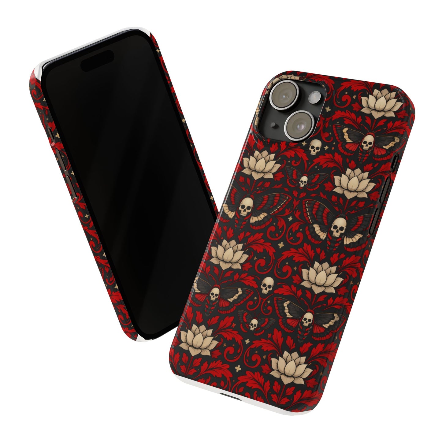 Gothic Skull & Lotus Slim Phone Case — Red Damask Moth Pattern