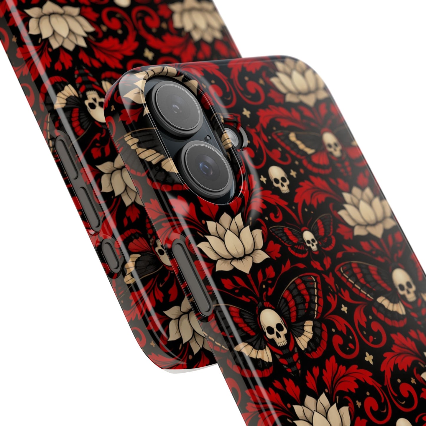 Gothic Skull & Lotus Slim Phone Case — Red Damask Moth Pattern
