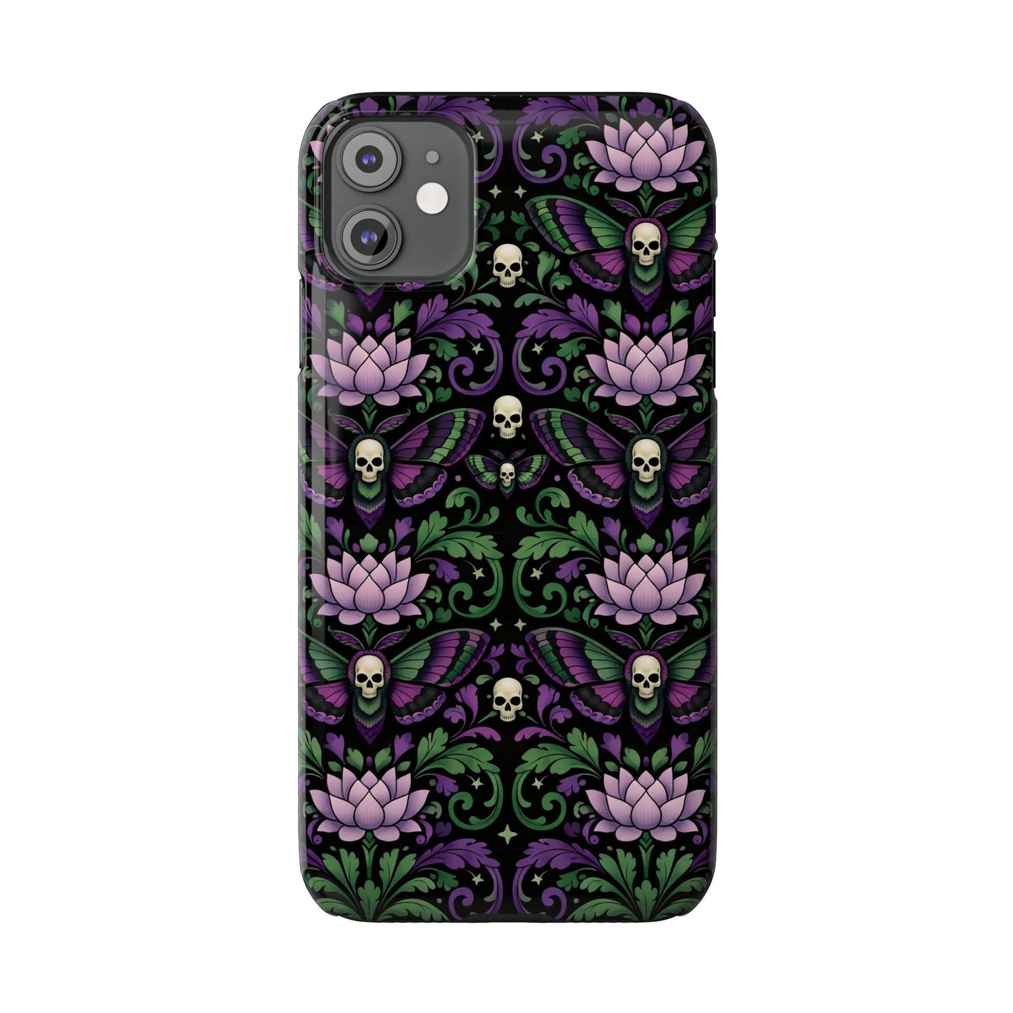 Gothic Lotus & Skull Slim Phone Case — Dark Floral Pattern for iPhone