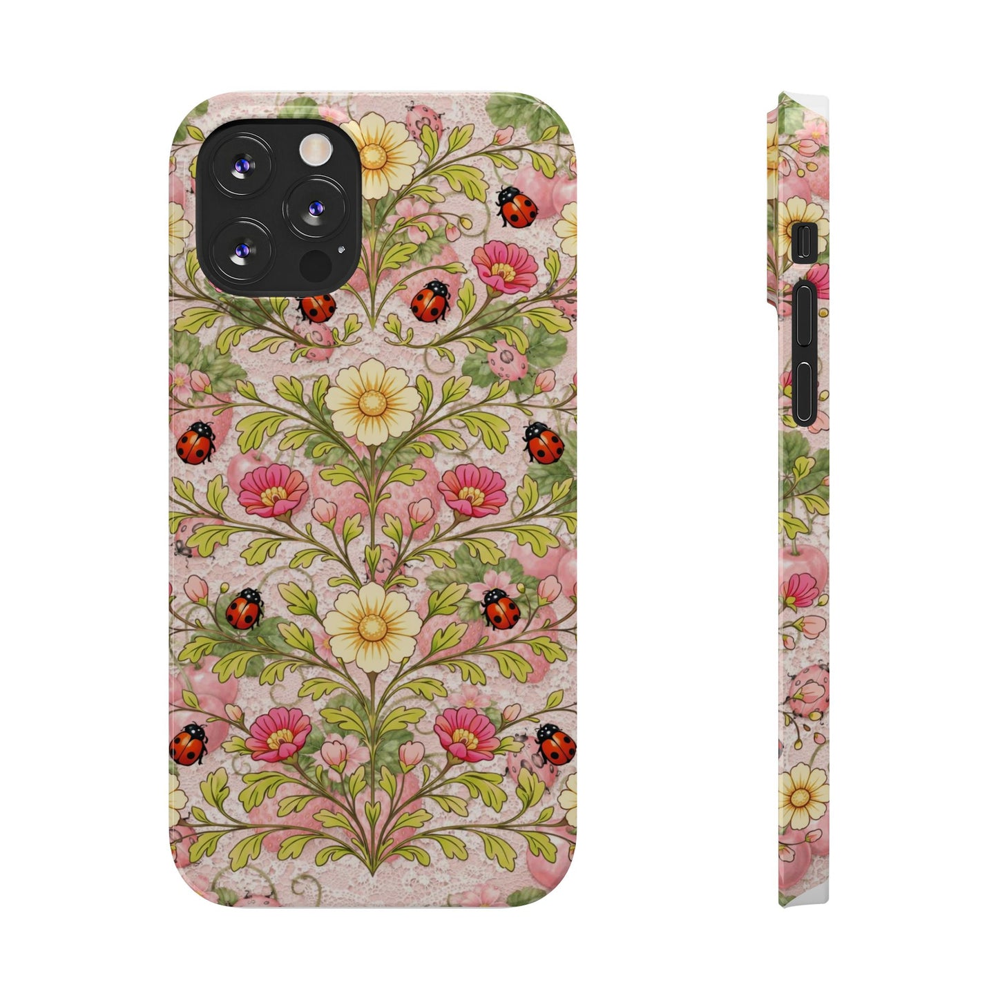 Floral Ladybug Slim Phone Case — Vintage Botanical Pink Garden Design