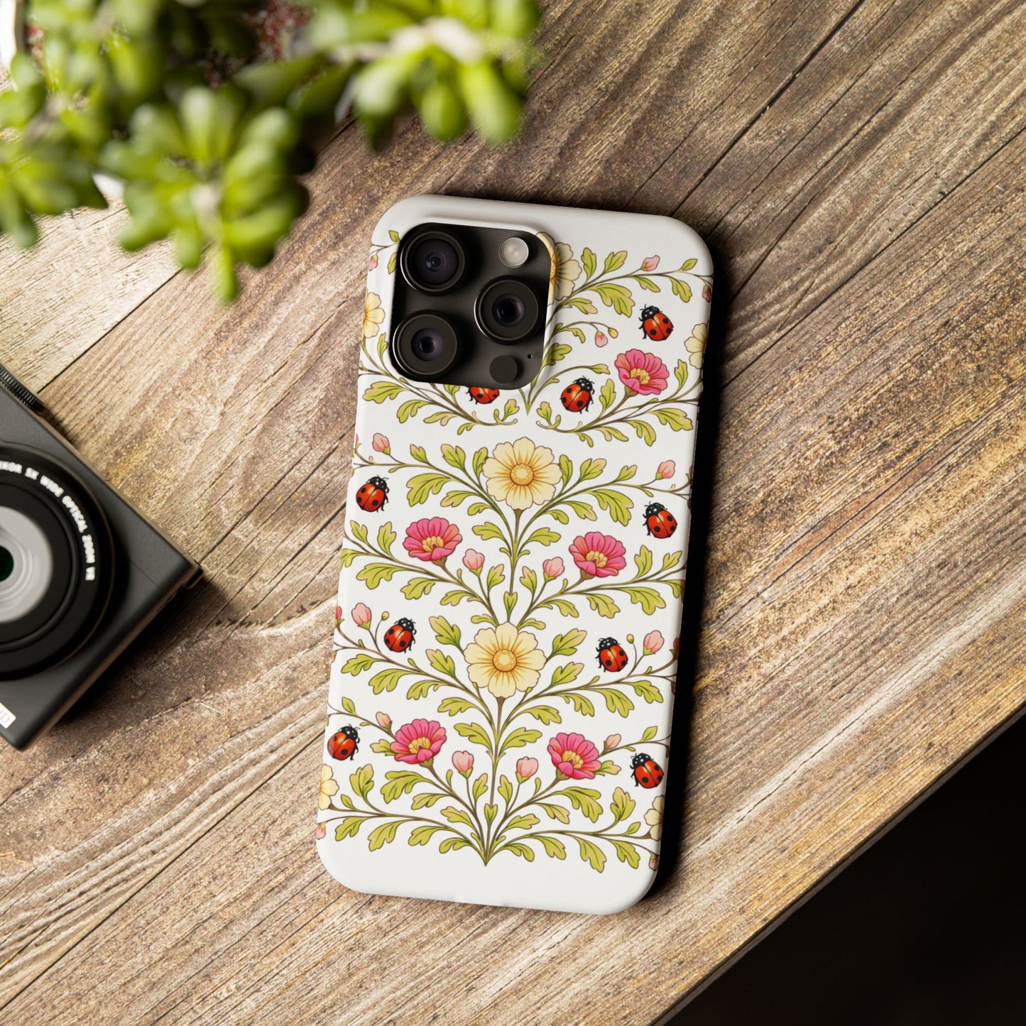 Floral Ladybug Slim Phone Case — Vintage Garden Pattern