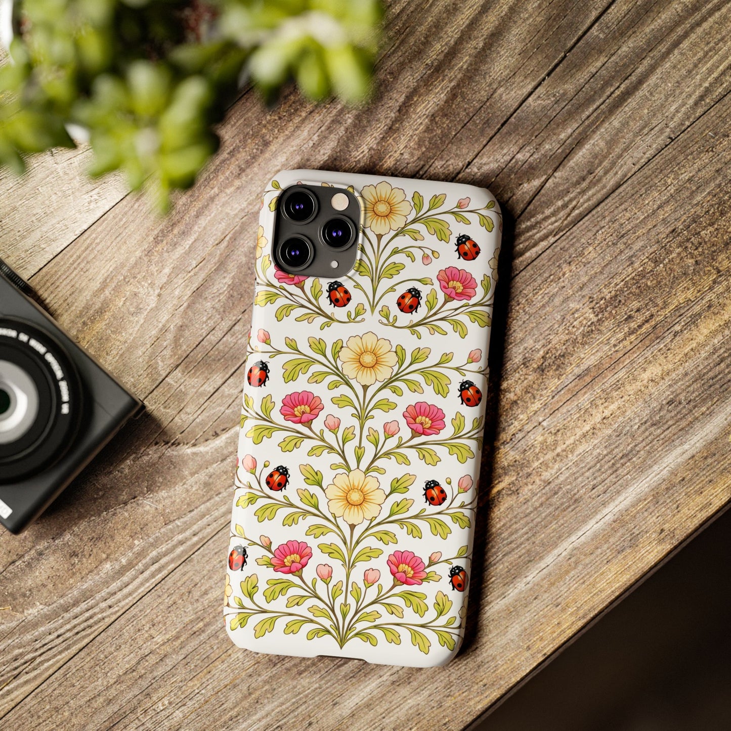 Floral Ladybug Slim Phone Case — Vintage Garden Pattern