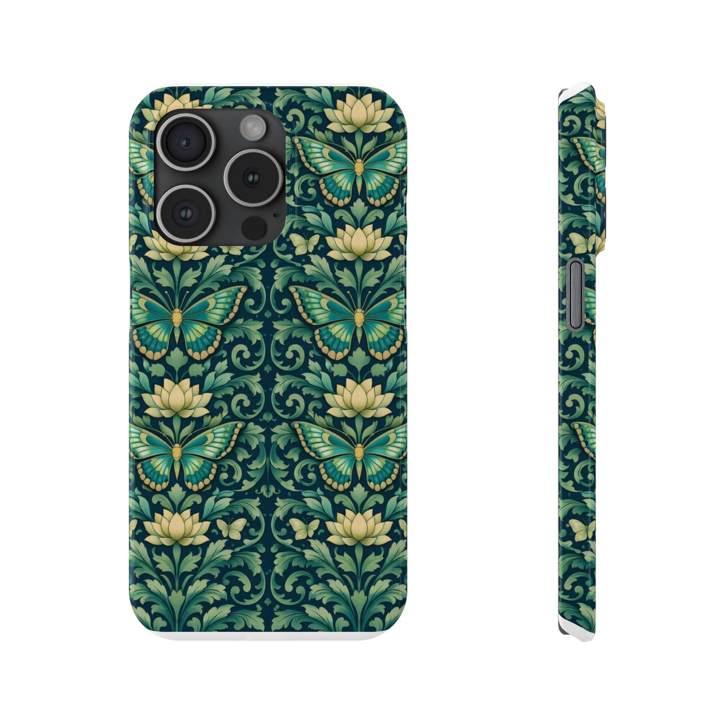 Slim Phone Case — Vintage Green Butterfly & Lotus Pattern