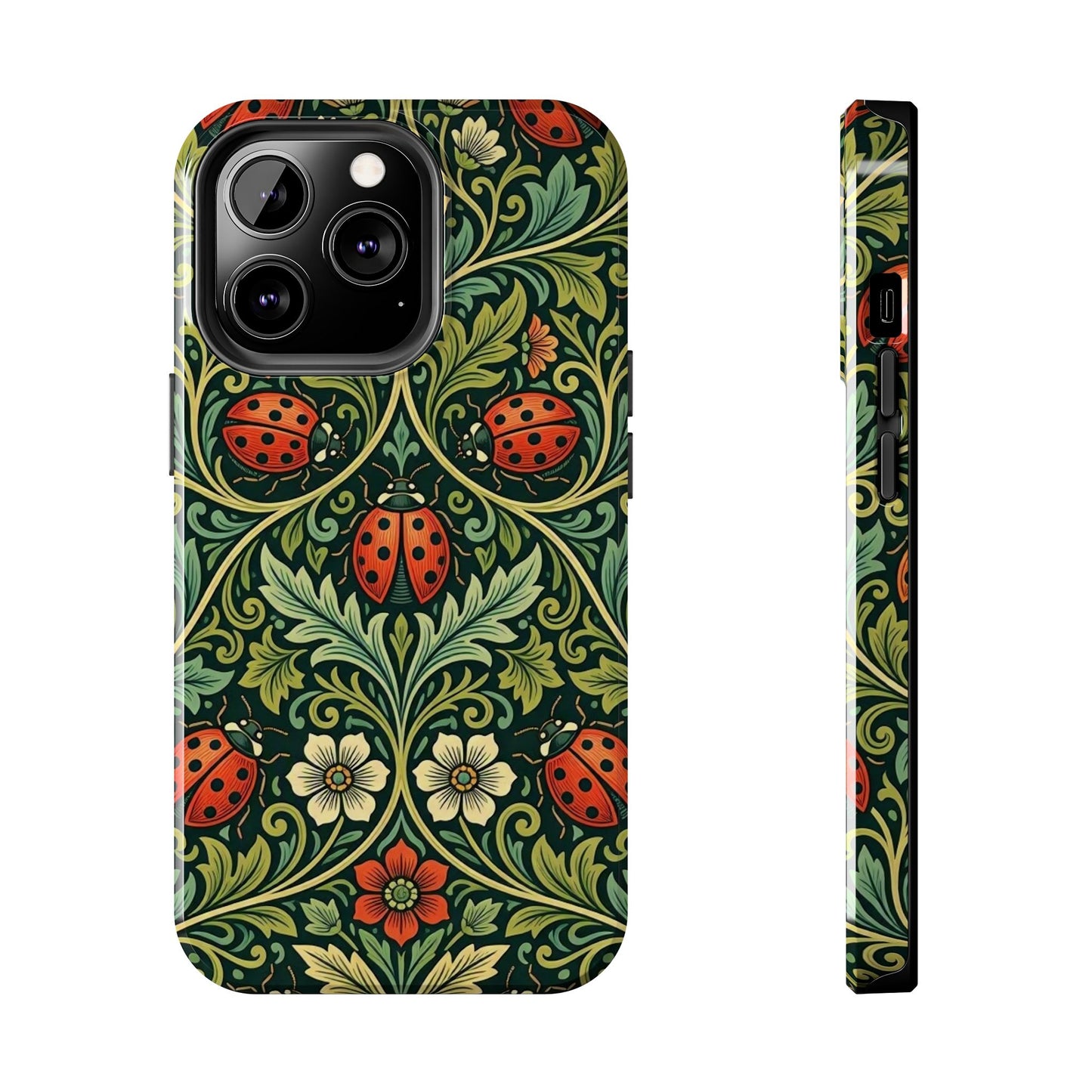 Vintage Floral Ladybug Tough Phone Case — Botanical Victorian Pattern