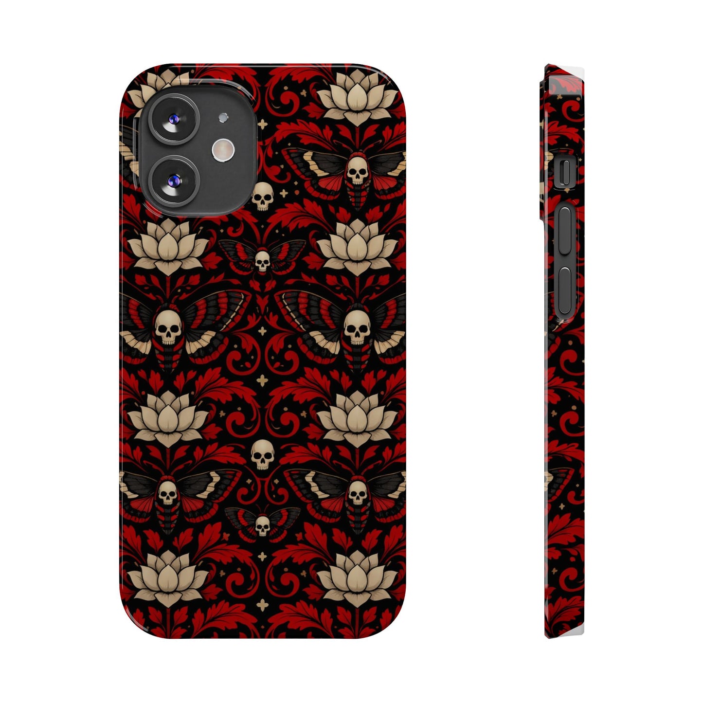 Gothic Skull & Lotus Slim Phone Case — Red Damask Moth Pattern