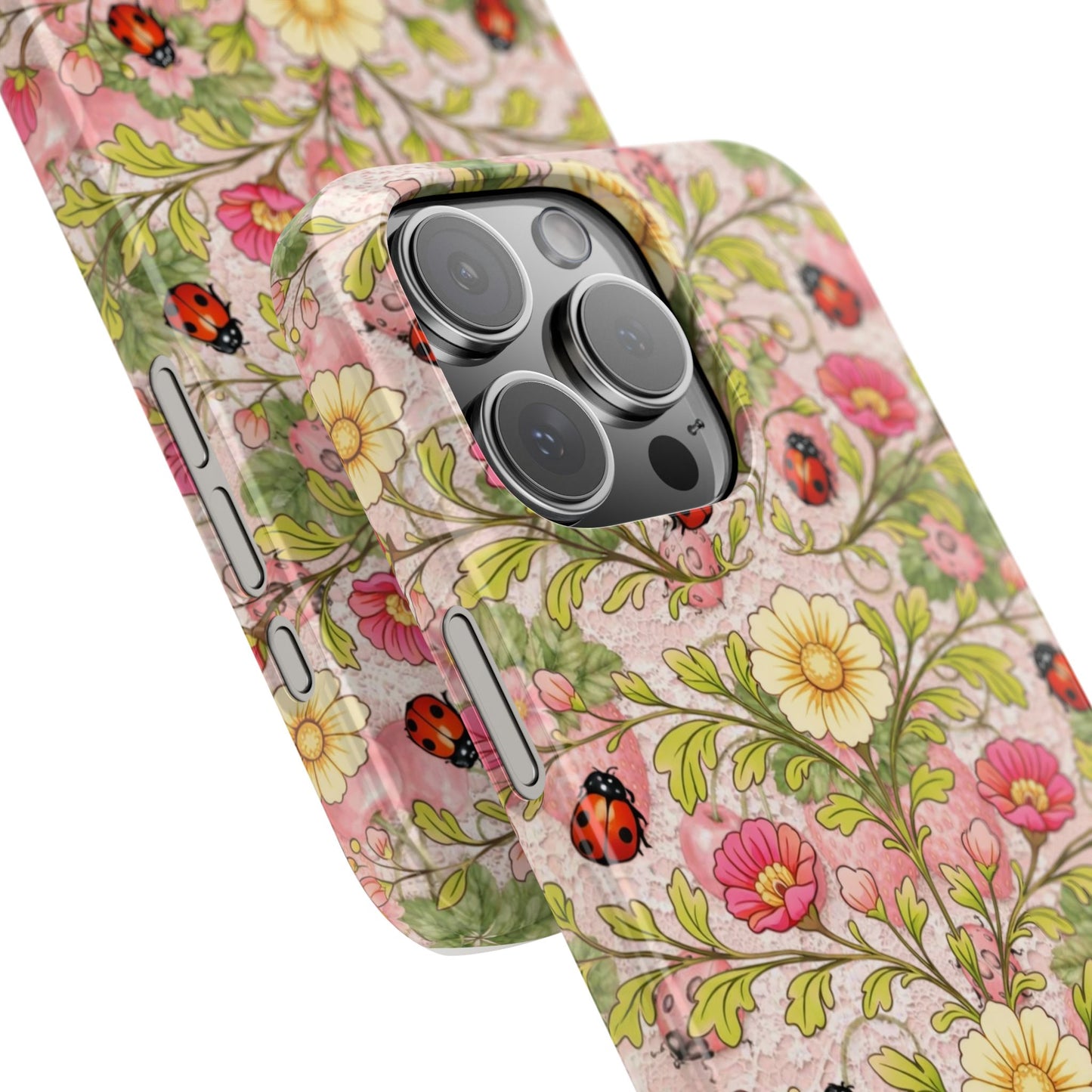 Floral Ladybug Slim Phone Case — Vintage Botanical Pink Garden Design