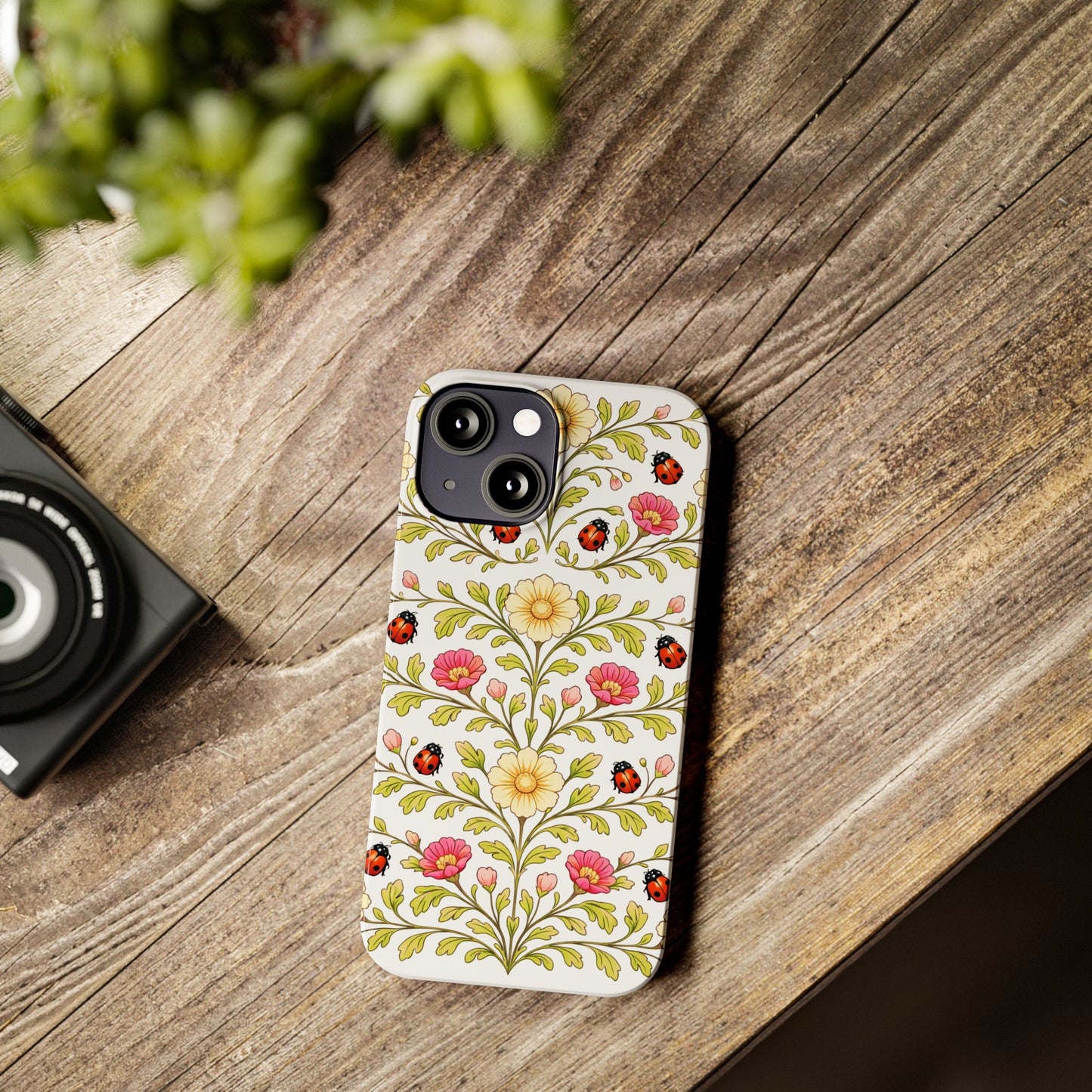 Floral Ladybug Slim Phone Case — Vintage Garden Pattern