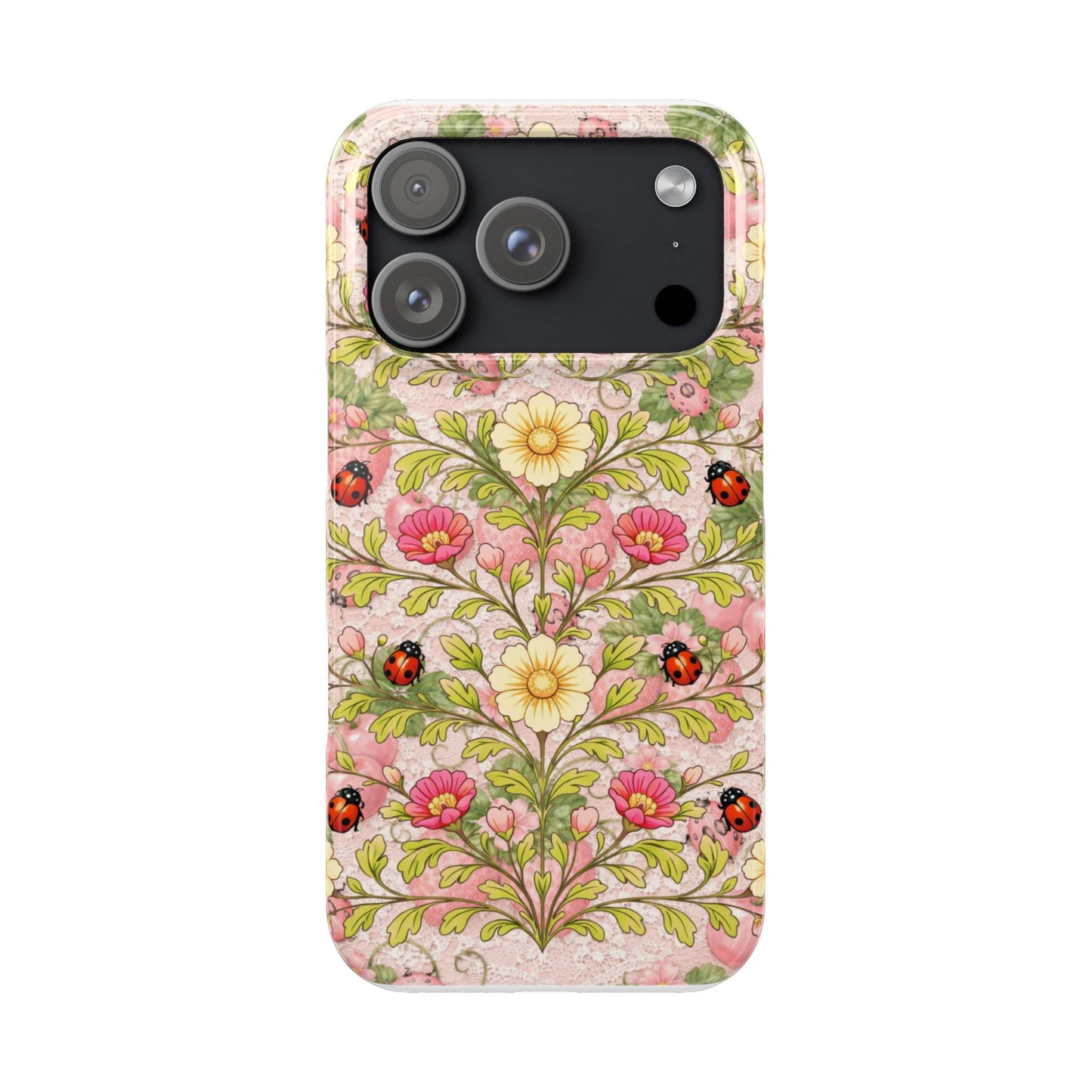 Floral Ladybug Slim Phone Case — Vintage Botanical Pink Garden Design