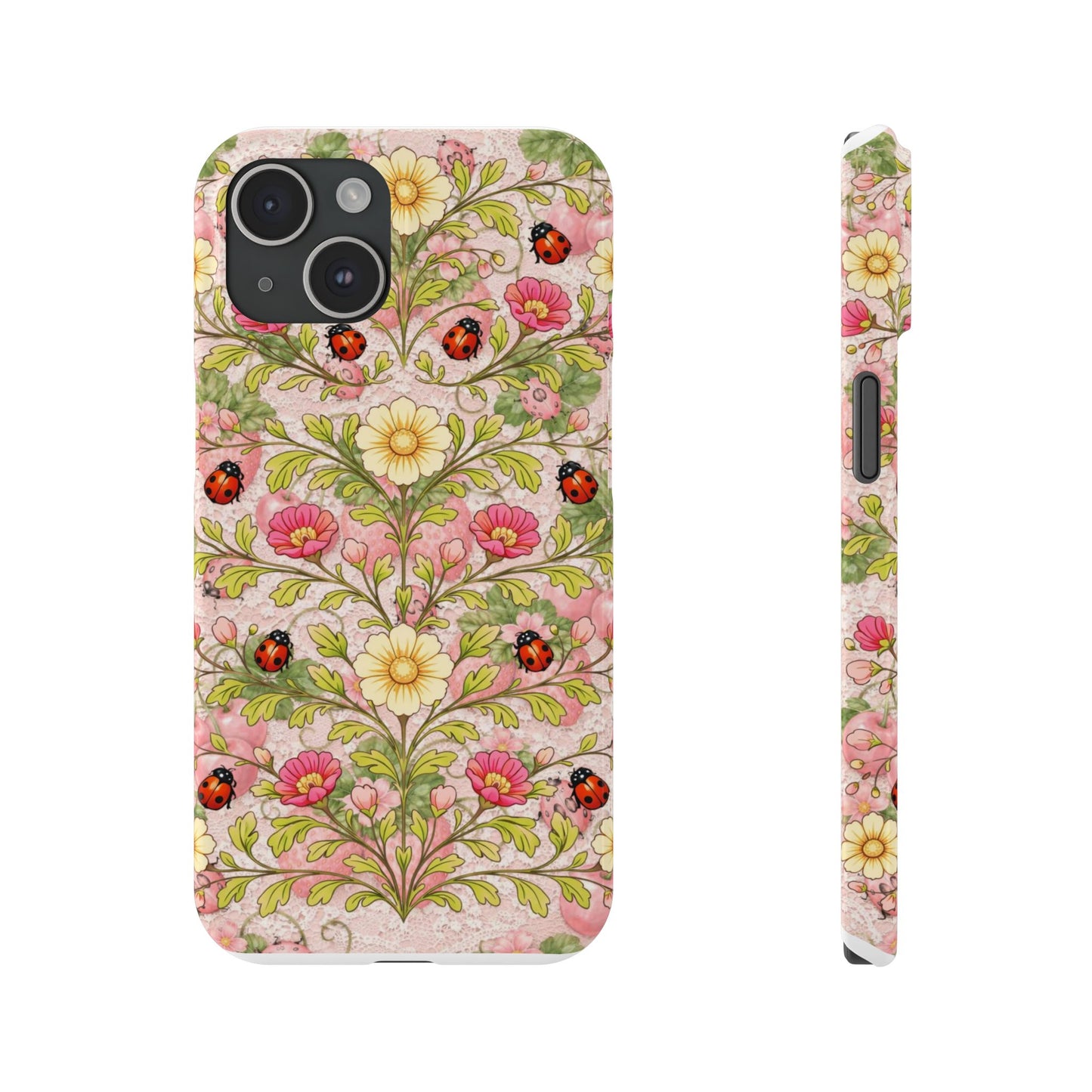 Floral Ladybug Slim Phone Case — Vintage Botanical Pink Garden Design